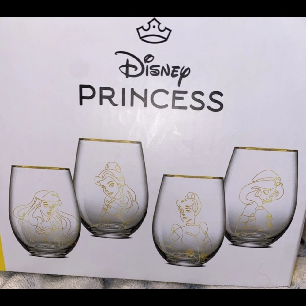 Disney Princess Stemless Wine Glass Set - Gold Trim